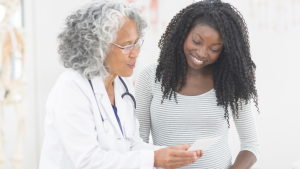 woman with her doctor discussing blood test
