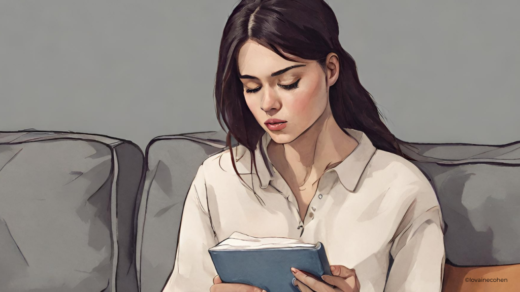 girl writing in a journal on the sofa